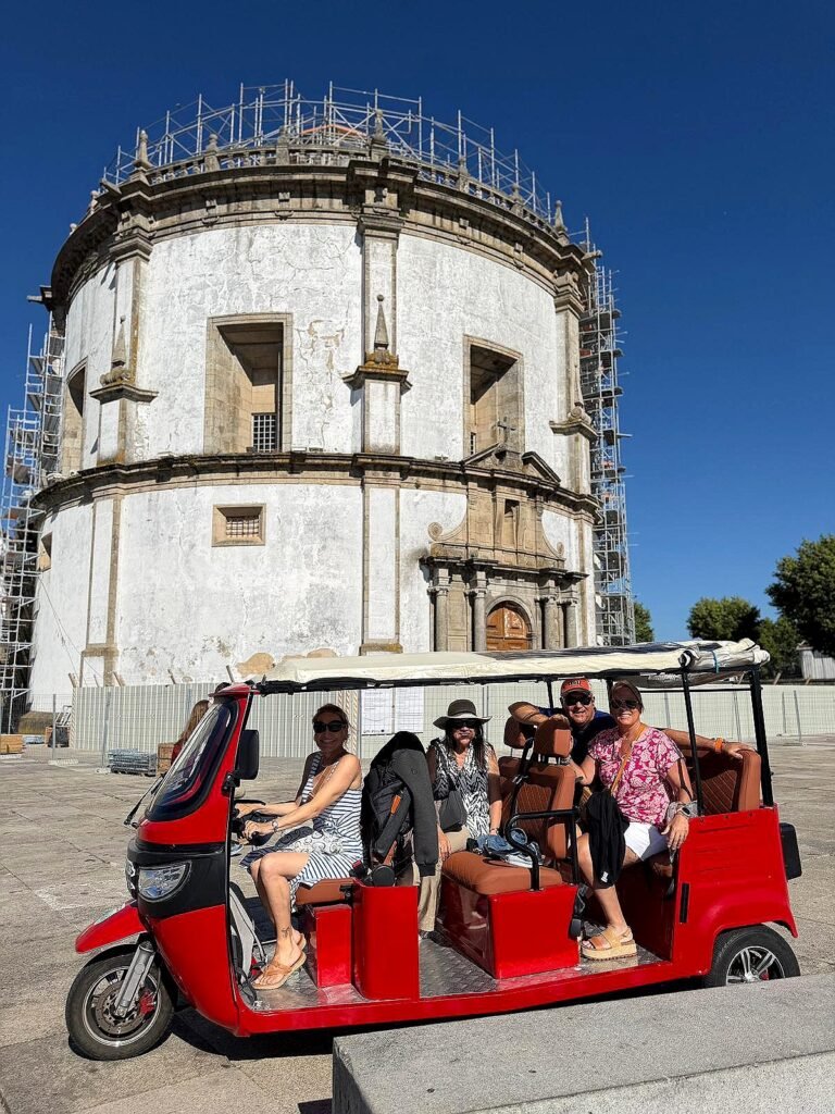 Family on a Porto tuk tuk tour at the Serra do Pilar viewpoint