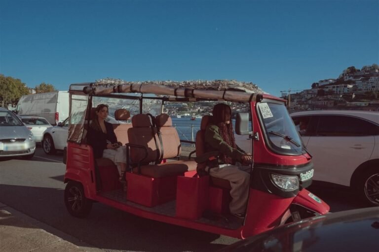 Private electric tuk-tuk driving along the Douro in Porto