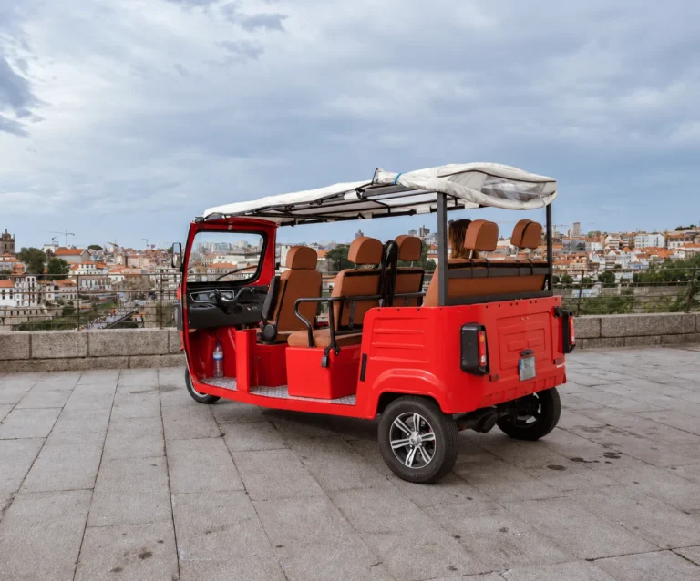 Private red tuk-tuk overlooking Porto’s historic skyline