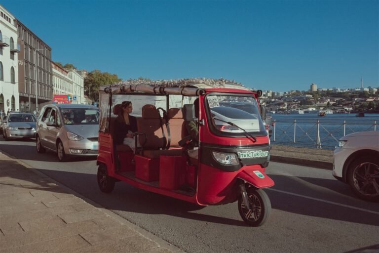 Red electric tuk-tuk on a private tour along the Douro riverside in Porto